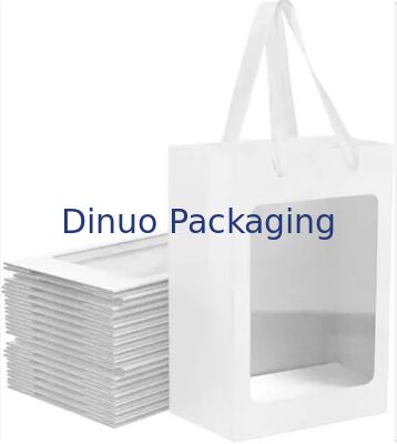 পুনরায় ব্যবহারযোগ্য ব্রাউন / হোয়াইট / ব্ল্যাক উইন্ডোযুক্ত ক্রাফ্ট পেপার টোট ব্যাগগুলি উপহারের জন্য রিবন হ্যান্ডেল সহ